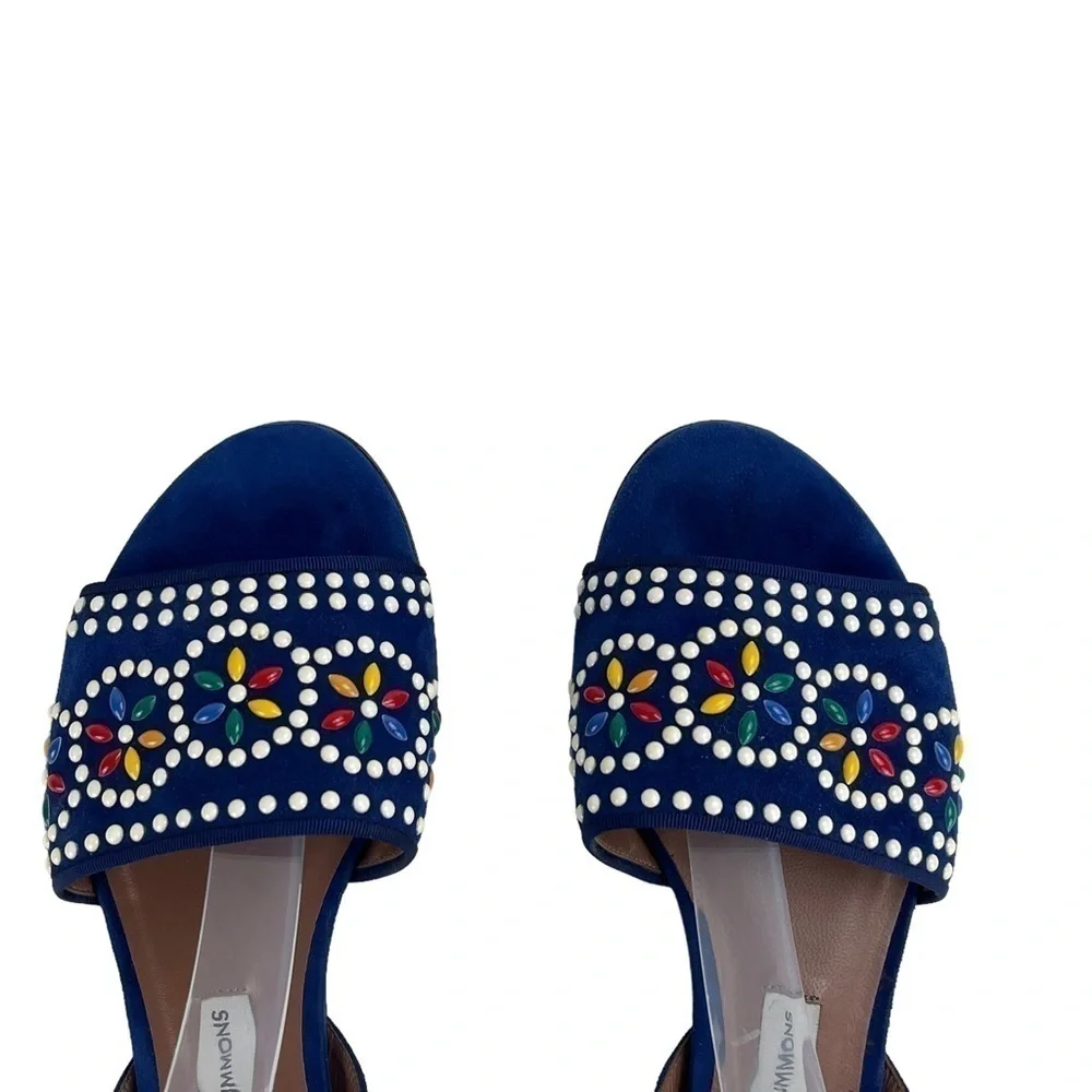 TABITHA SIMMONS GEOMETRIC STUDDED BLUE SUEDE LEATHER ANKLE WRAP SANDAL